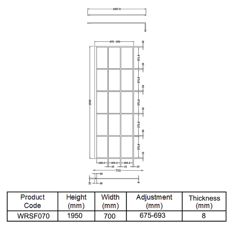 Hudson Reed Frame Effect Wet Room Screen with Support Bar 700mm Wide - 8mm Glass
