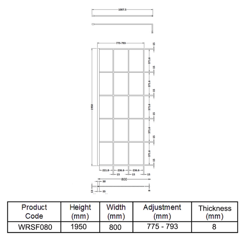 Hudson Reed Frame Effect Wet Room Screen with Support Bar 800mm Wide - 8mm Glass