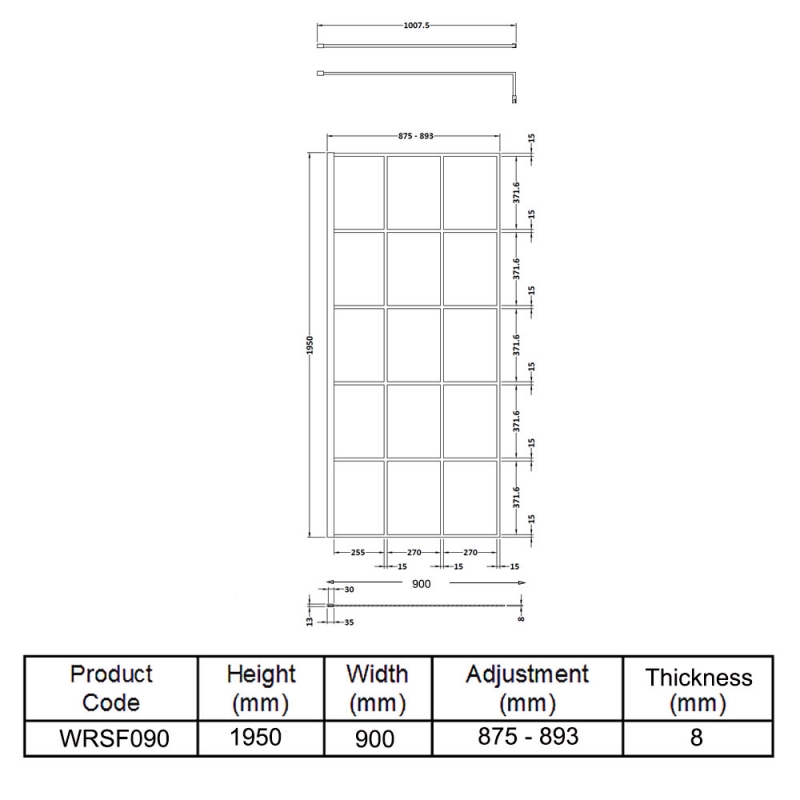 Hudson Reed Frame Effect Wet Room Screen with Support Bar 900mm Wide - 8mm Glass