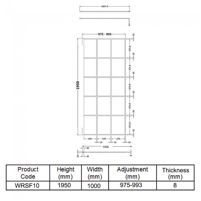 Hudson Reed Frame Effect Wet Room Screen with Support Bar 1000mm Wide - 8mm Glass