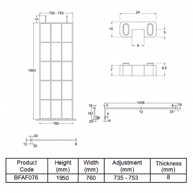 Hudson Reed Frame Effect Wet Room Screen with Support Arms and Feet 760mm Wide - 8mm Glass