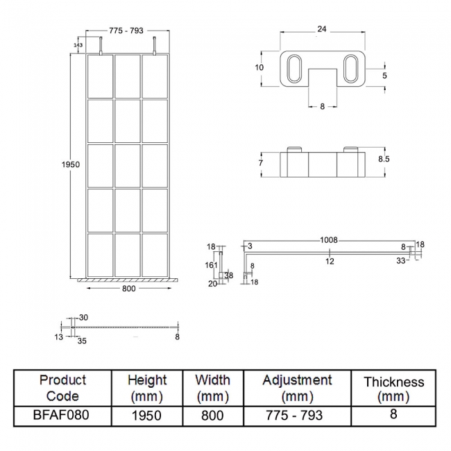 Hudson Reed Frame Effect Wet Room Screen with Support Arms and Feet 800mm Wide - 8mm Glass