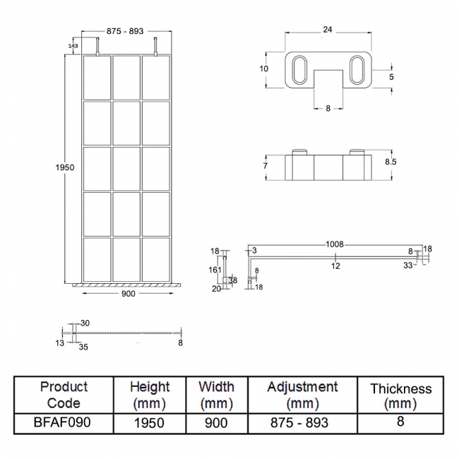 Hudson Reed Frame Effect Wet Room Screen with Support Arms and Feet 900mm Wide - 8mm Glass