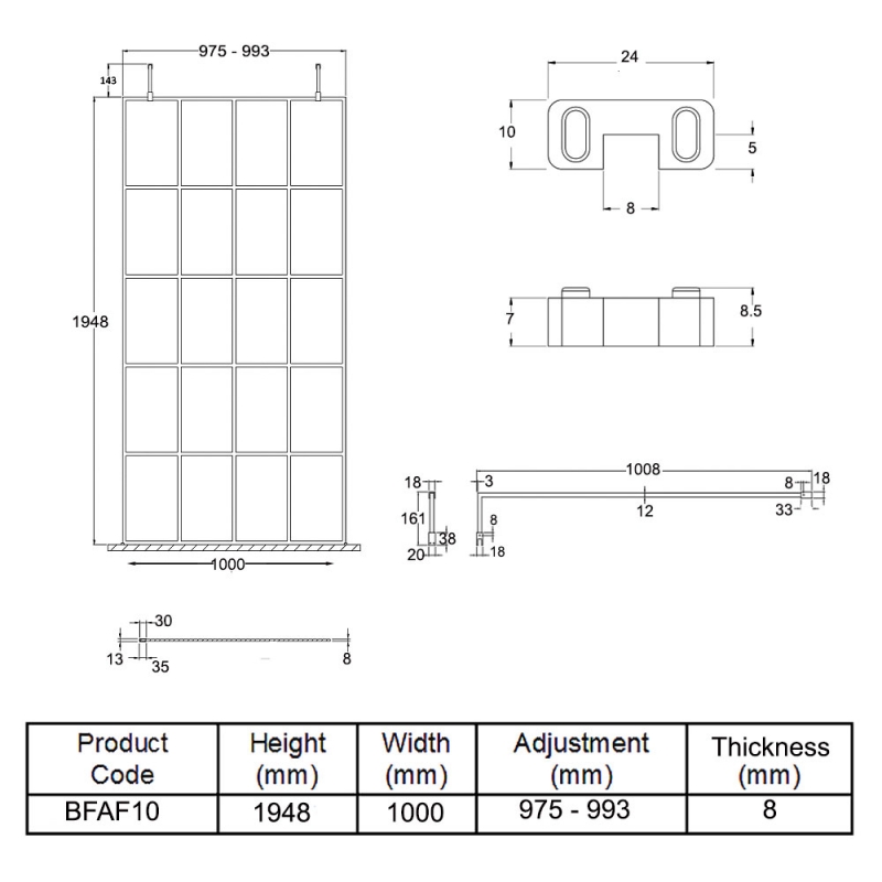 Hudson Reed Frame Effect Wet Room Screen with Support Arms and Feet 1000mm Wide - 8mm Glass
