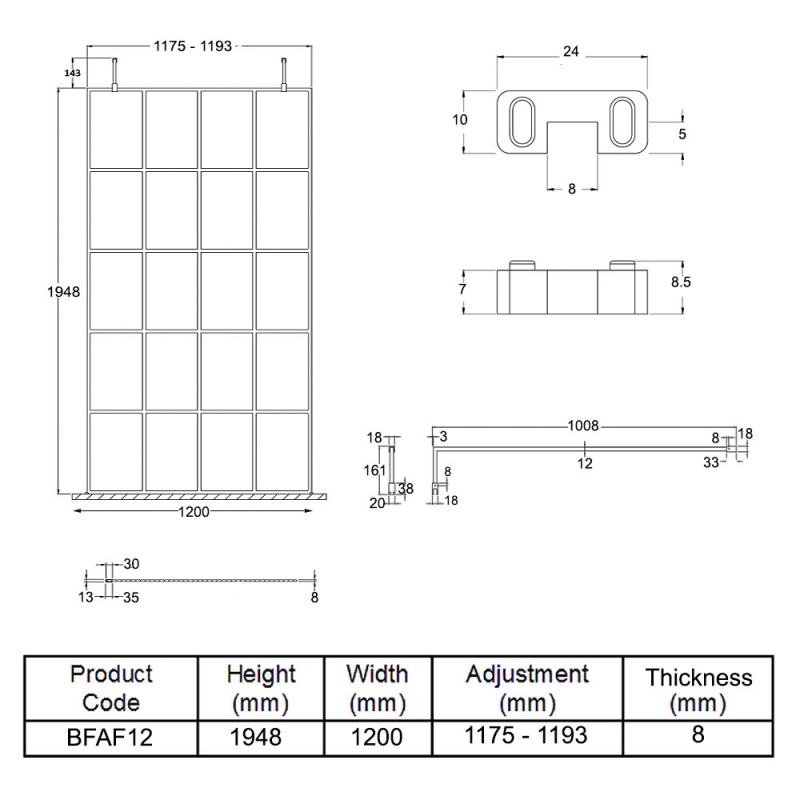 Hudson Reed Frame Effect Wet Room Screen with Support Arms and Feet 1200mm Wide - 8mm Glass