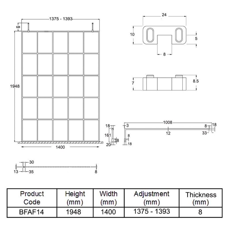 Hudson Reed Frame Effect Wet Room Screen with Support Arms and Feet 1400mm Wide - 8mm Glass