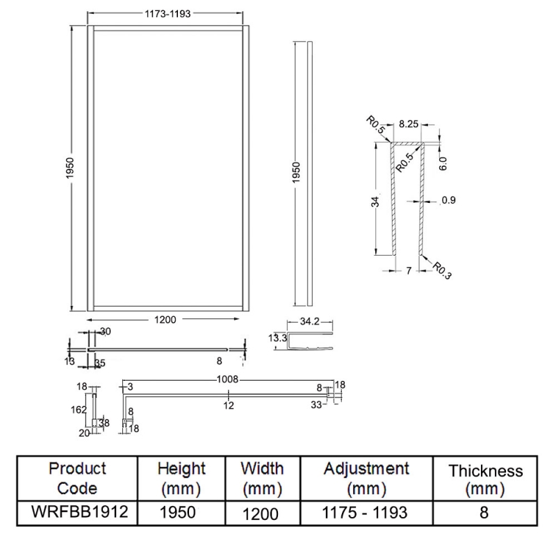 Hudson Reed Full Outer Framed Wetroom Screen 1200mm W x 1950mm H with Support Bar 8mm Glass - Brushed Brass