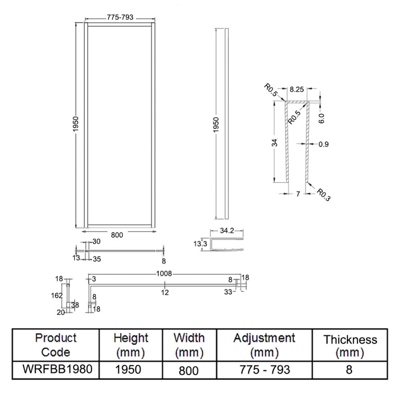 Hudson Reed Full Outer Framed Wetroom Screen 800mm W x 1950mm H with Support Bar 8mm Glass - Brushed Brass
