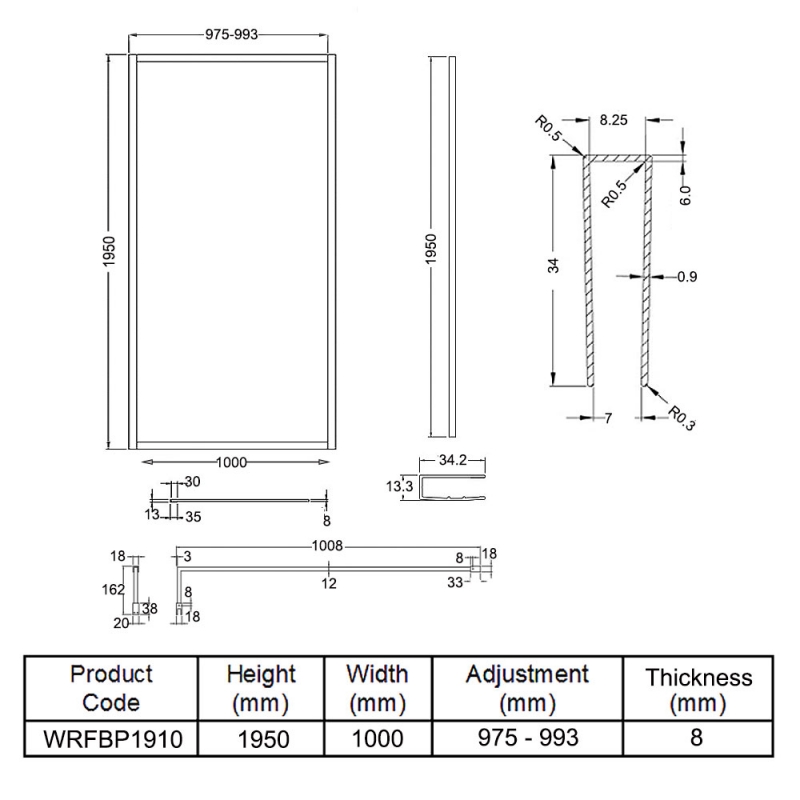 Hudson Reed Full Outer Framed Wetroom Screen 1000mm W x 1950mm H with Support Bar 8mm Glass - Matt Black