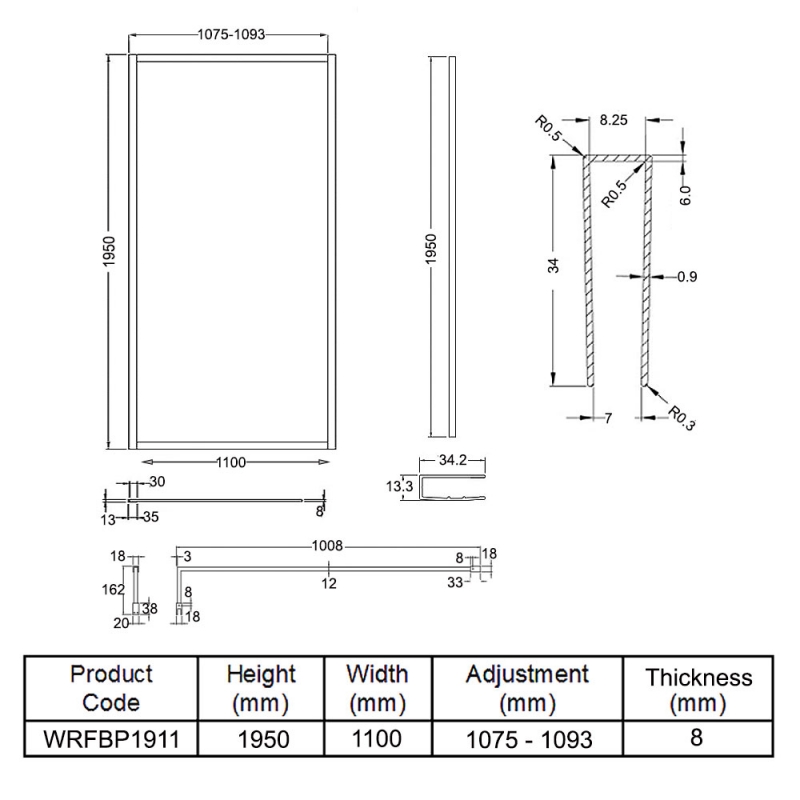 Hudson Reed Full Outer Framed Wetroom Screen 1100mm W x 1950mm H with Support Bar 8mm Glass - Matt Black
