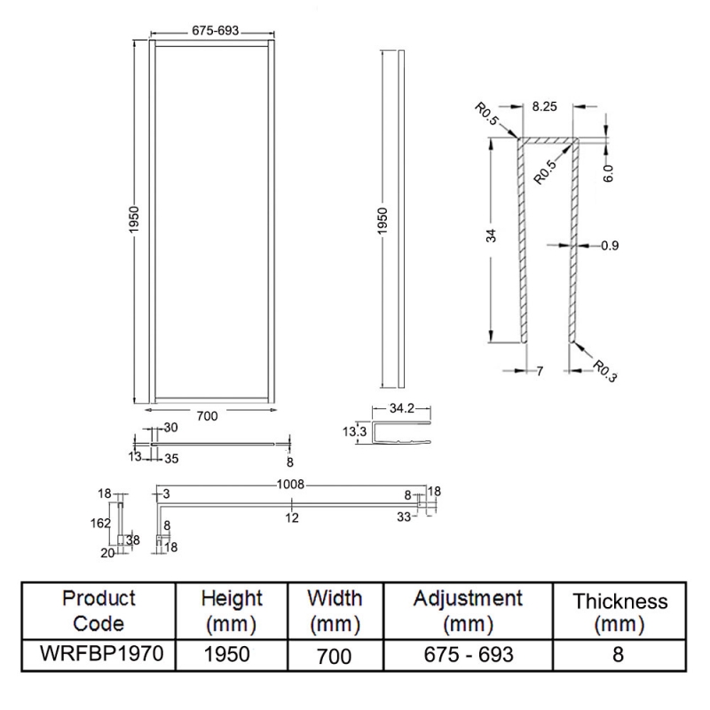 Hudson Reed Full Outer Framed Wetroom Screen 700mm W x 1950mm H with Support Bar 8mm Glass - Matt Black