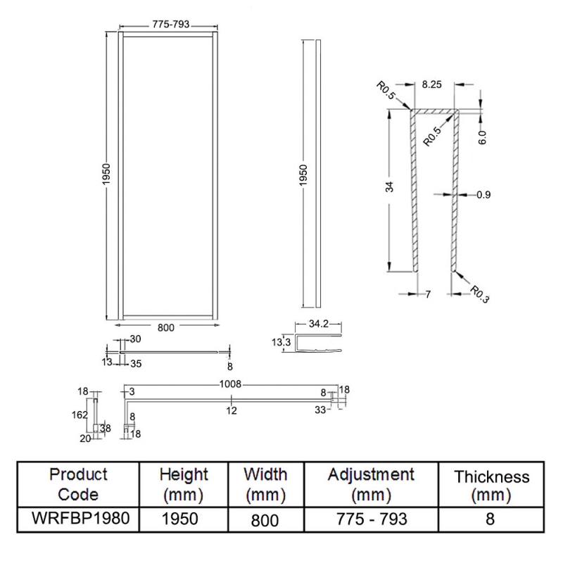 Hudson Reed Full Outer Framed Wetroom Screen 800mm W x 1950mm H with Support Bar 8mm Glass - Matt Black