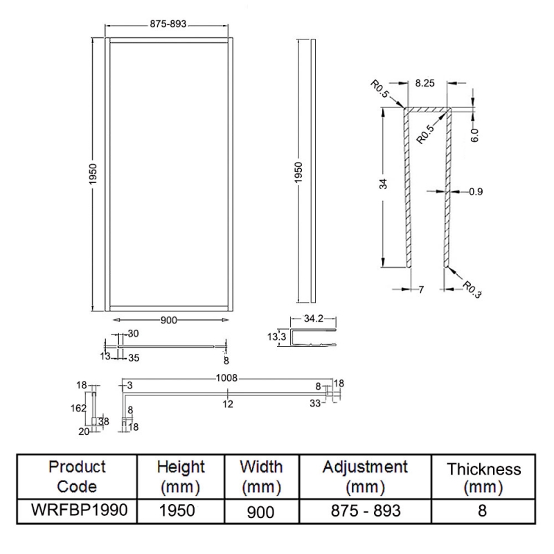 Hudson Reed Full Outer Framed Wetroom Screen 900mm W x 1950mm H with Support Bar 8mm Glass - Matt Black