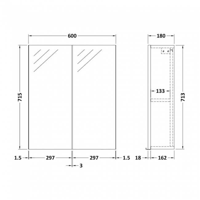 Hudson Reed Fusion Mirrored Bathroom Cabinet (50/50) 600mm Wide - Gloss White