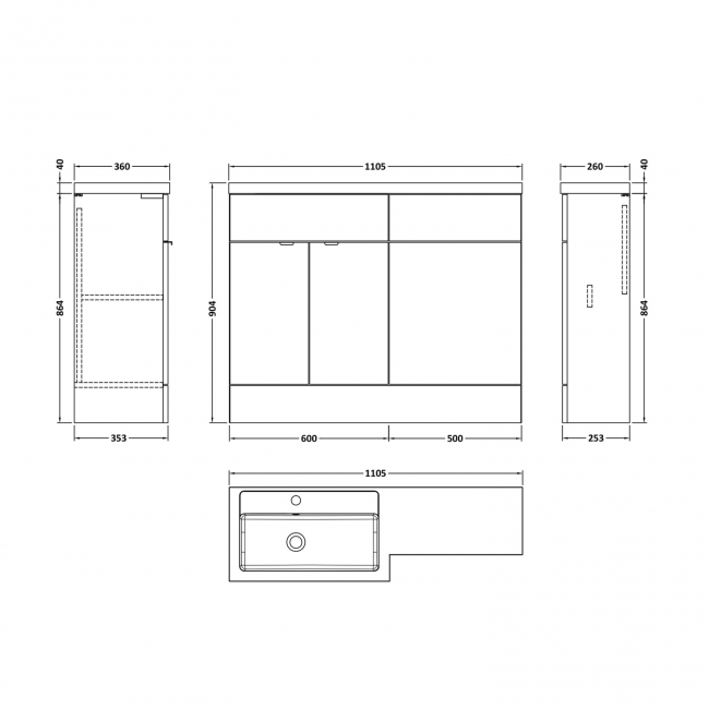 Hudson Reed Fusion LH Combination Unit with L Shape Basin - 1100mm Wide - Charcoal Black Woodgrain
