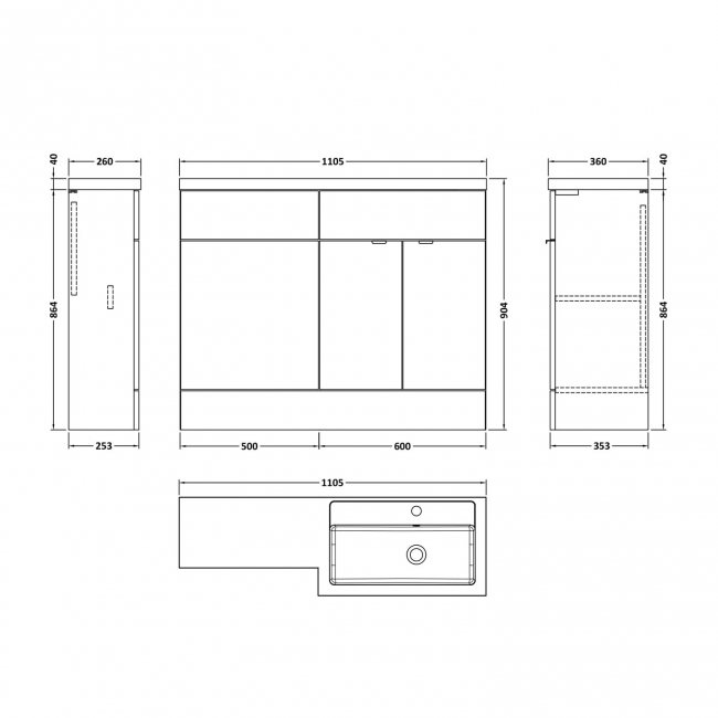 Hudson Reed Fusion RH Combination Unit with L Shape Basin - 1100mm Wide - Gloss White