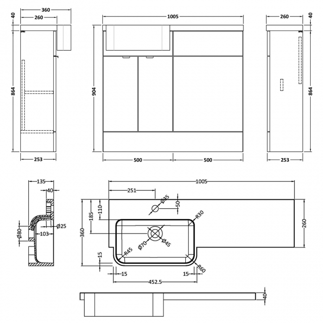Hudson Reed Fusion LH Combination Unit with Round Semi Recessed Basin 1000mm Wide - Pebble Grey