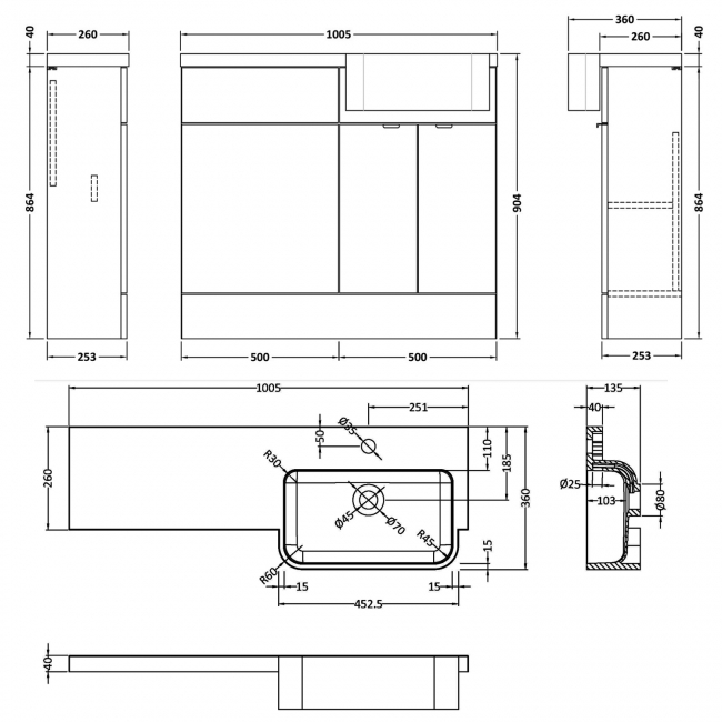 Hudson Reed Fusion RH Combination Unit with Round Semi Recessed Basin 1000mm Wide - Pebble Grey