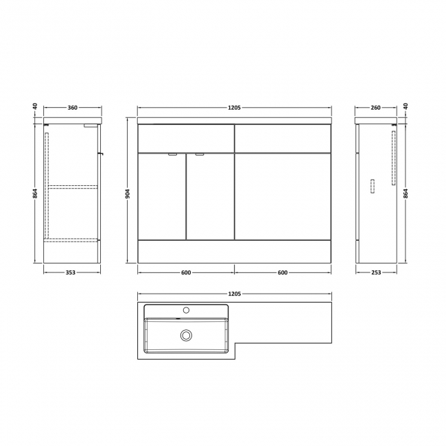 Hudson Reed Fusion LH Combination Unit with 600mm WC Unit - 1200mm Wide - Charcoal Black Woodgrain