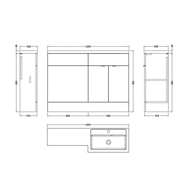 Hudson Reed Fusion RH Combination Unit with 600mm WC Unit - 1200mm Wide - Gloss White