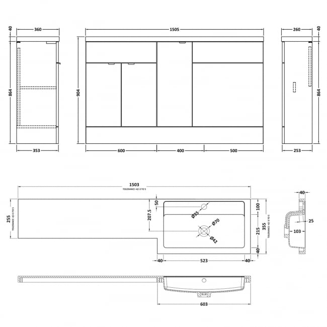 Hudson Reed Fusion LH Combination Unit with 600mm WC Unit - 1500mm Wide - Anthracite Woodgrain