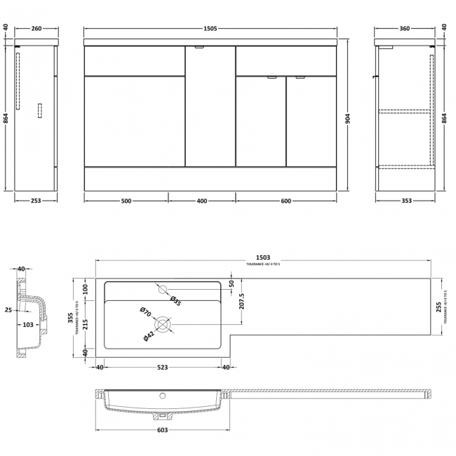 Hudson Reed Fusion RH Combination Unit with 600mm WC Unit - 1500mm Wide - Gloss White