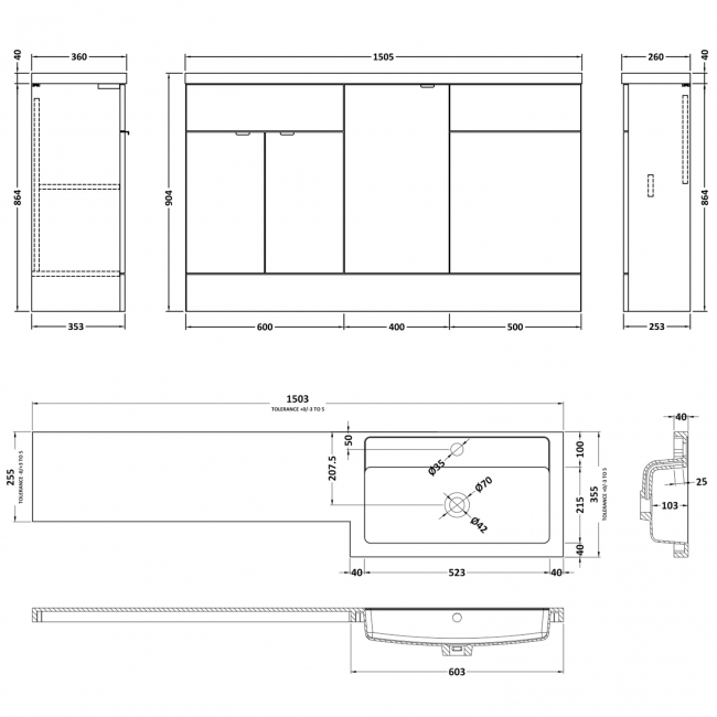 Hudson Reed Fusion LH Combination Unit with 500mm WC Unit - 1500mm Wide - Anthracite Woodgrain