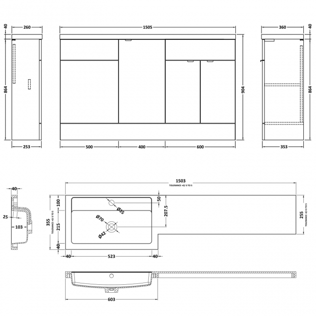 Hudson Reed Fusion RH Combination Unit with 500mm WC Unit - 1500mm Wide - Gloss White