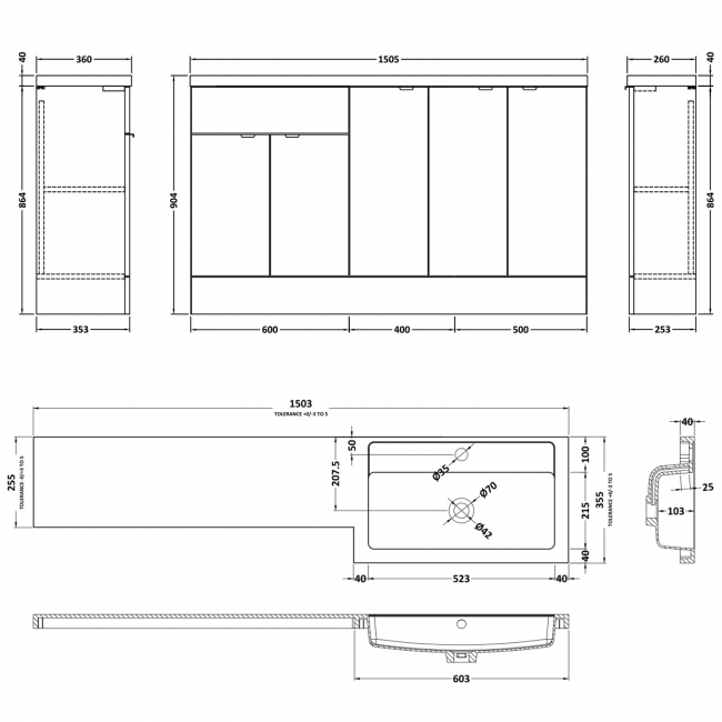 Hudson Reed Fusion LH Combination Unit with 300mm Base Unit x 3 - 1500mm Wide - Charcoal Black Woodgrain