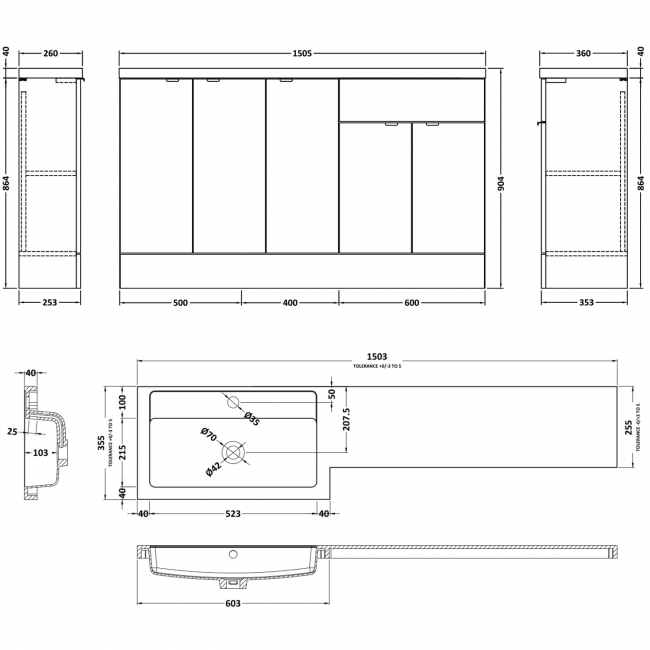 Hudson Reed Fusion RH Combination Unit with 300mm Base Unit x 3 - 1500mm Wide - Gloss Grey