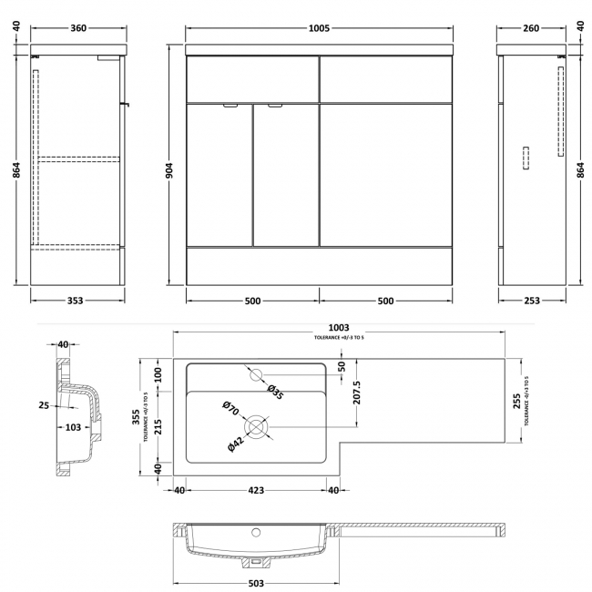 Hudson Reed Fusion LH Combination Unit with 500mm WC Unit - 1000mm Wide - Anthracite Woodgrain