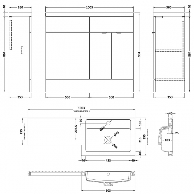 Hudson Reed Fusion RH Combination Unit with 500mm WC Unit - 1000mm Wide - Gloss Grey