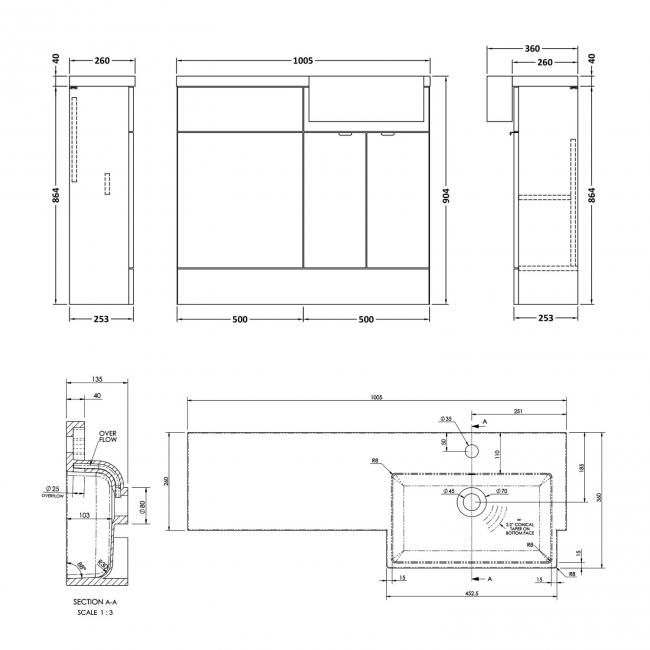 Hudson Reed Fusion RH Combination Unit with Square Semi Recessed Basin 1000mm Wide - Pebble Grey