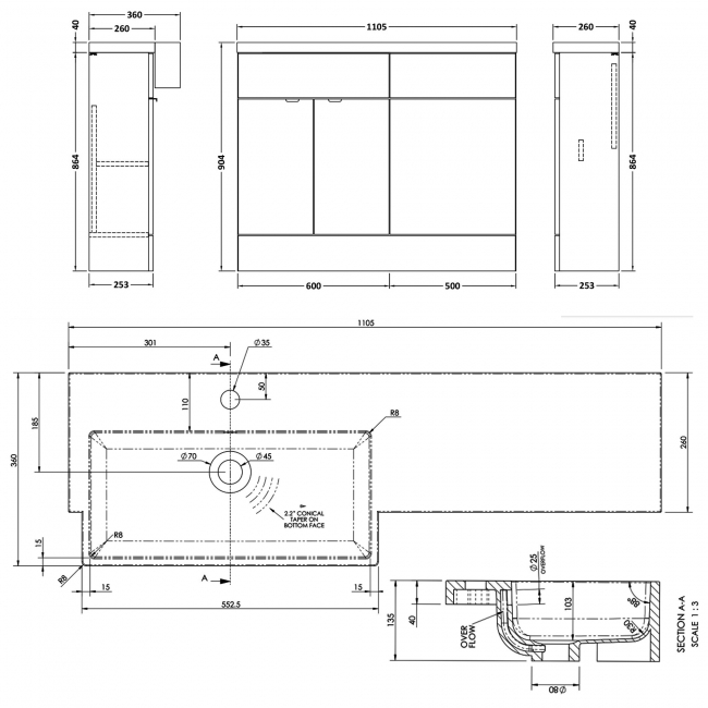 Hudson Reed Fusion LH Combination Unit with Square Semi Recessed Basin 1100mm Wide - Pebble Grey