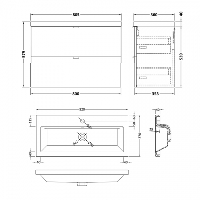 Hudson Reed Fusion Wall Hung 2-Drawer Vanity Unit with Ceramic Basin 800mm Wide - Bleached Oak  | Dimension Image