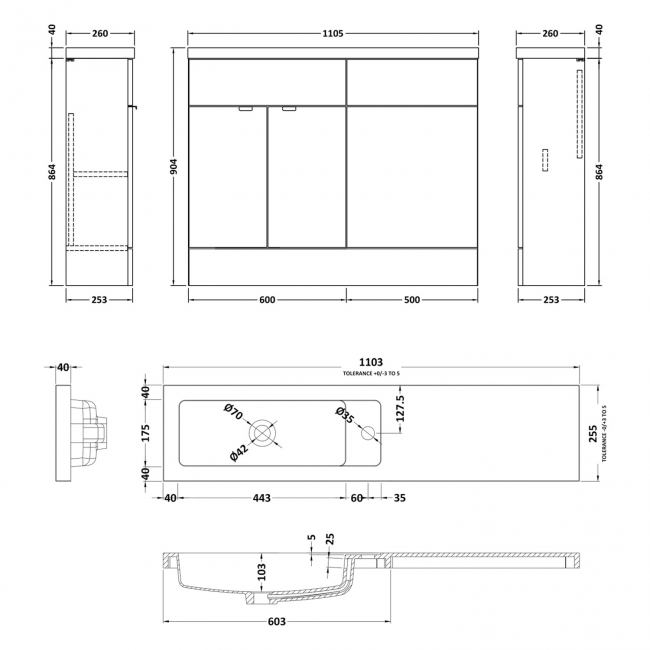 Hudson Reed Fusion Compact Combination Unit with Slimline Basin - 1100mm Wide - Charcoal Black Woodgrain