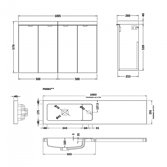 Hudson Reed Fusion Compact Wall Hung 4-Door Vanity Unit with Polymarble Basin 1000mm Wide - Gloss White