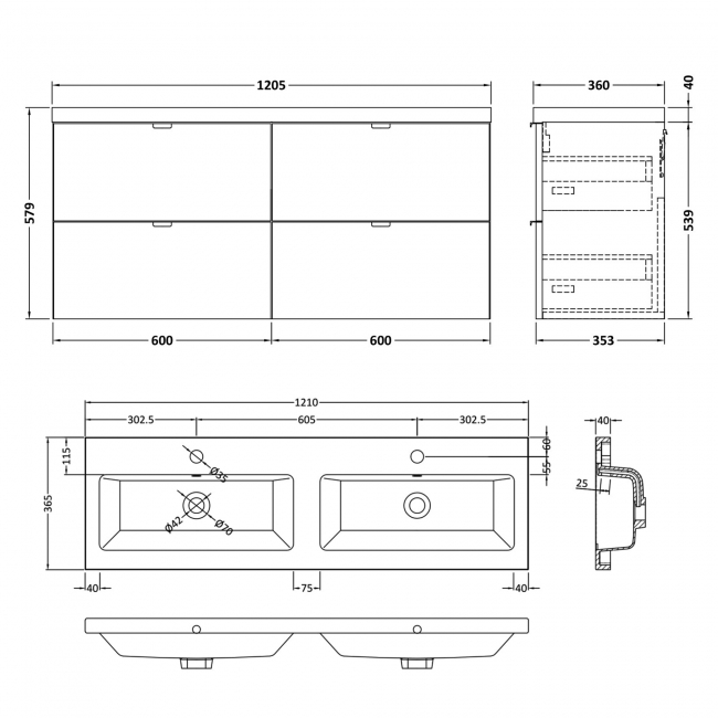 Hudson Reed Fusion Wall Hung 4-Drawer Vanity Unit with Double Ceramic Basin 1200mm Wide - Gloss Grey