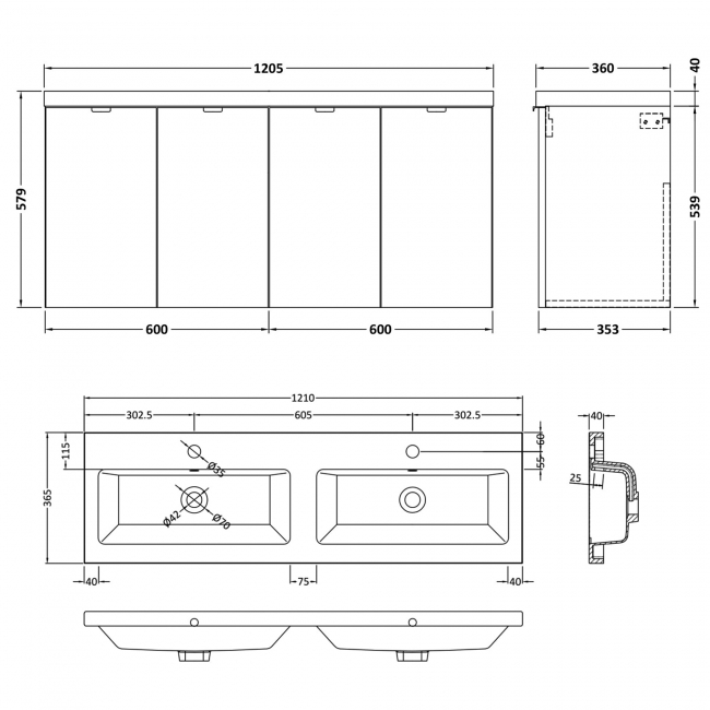 Hudson Reed Fusion Wall Hung 4-Door Vanity Unit with Double Ceramic Basin 1200mm Wide - Gloss Grey