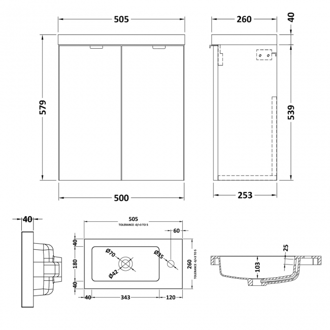 Hudson Reed Fusion Wall Hung 2-Door Vanity Unit with Compact Basin 500mm Wide - Anthracite Woodgrain