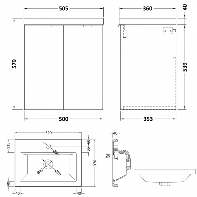 Hudson Reed Fusion Wall Hung 2-Door Vanity Unit with Ceramic Basin 500mm Wide - Gloss White