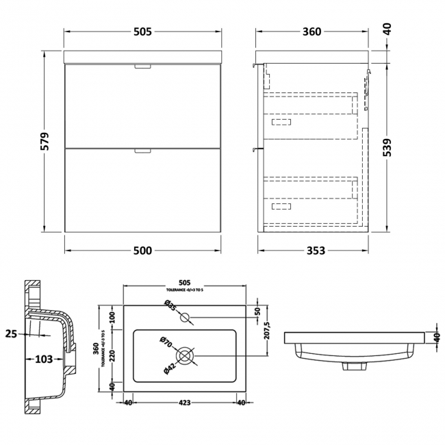 Hudson Reed Fusion Wall Hung 2-Drawer Vanity Unit with Basin 500mm Wide - Anthracite Woodgrain