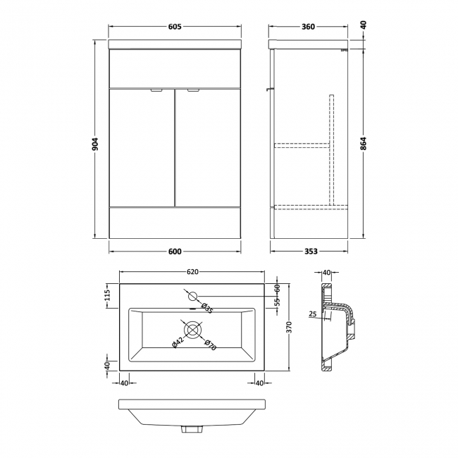 Hudson Reed Fusion Floor Standing 2-Door Vanity Unit with Ceramic Basin 600mm Wide - Bleached Oak  | Dimension Image