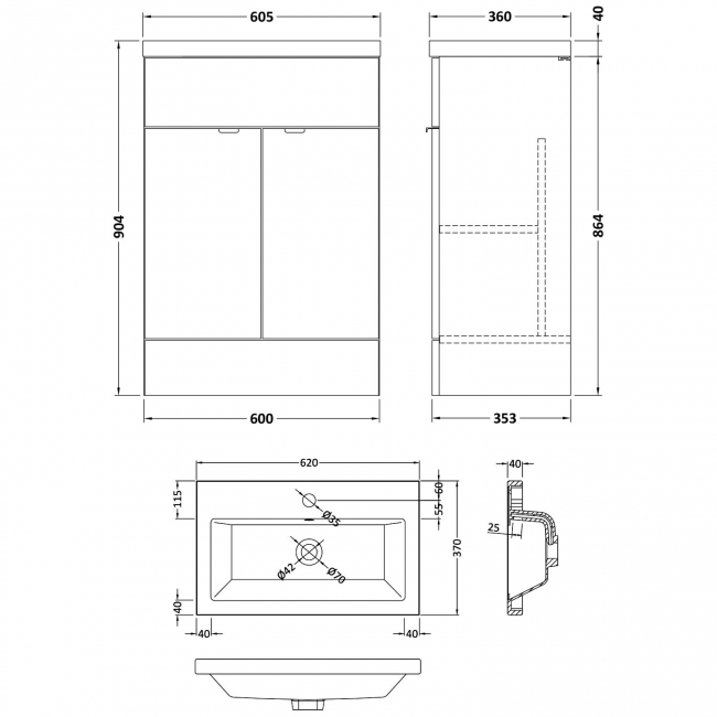 Hudson Reed Fusion Floor Standing Vanity Unit with Ceramic Basin 600mm Wide - Anthracite Woodgrain