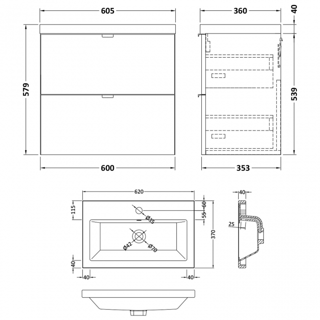 Hudson Reed Fusion Wall Hung 2-Drawer Vanity Unit with Ceramic Basin 600mm Wide - Charcoal Black Woodgrain