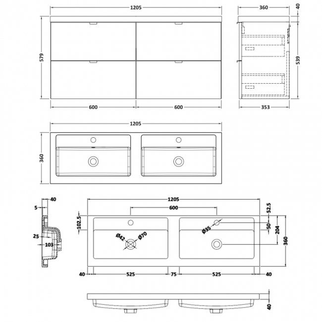 Hudson Reed Fusion Wall Hung 4-Drawer Vanity Unit with Double Basin 1200mm Wide - Gloss White