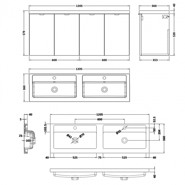Hudson Reed Fusion Wall Hung 4-Door Vanity Unit with Double Basin 1200mm Wide - Charcoal Black Woodgrain