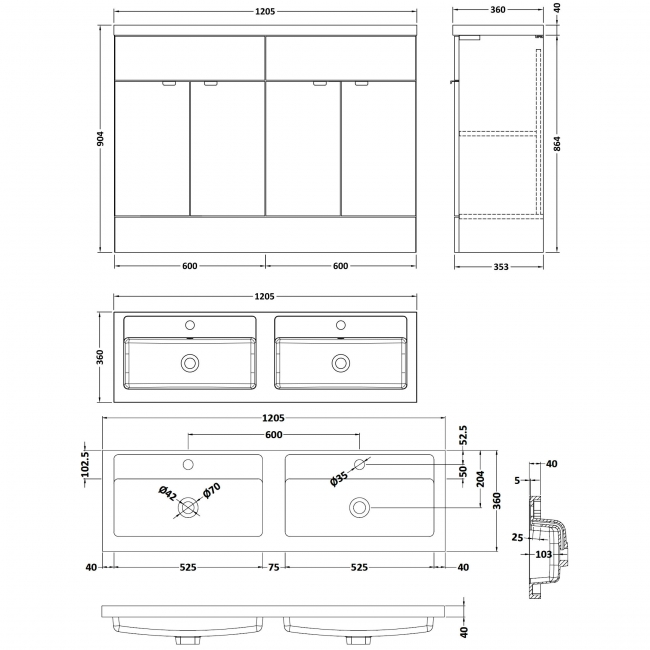 Hudson Reed Fusion Floor Standing 4-Door Vanity Unit with Double Basin 1200mm Wide - Anthracite Woodgrain