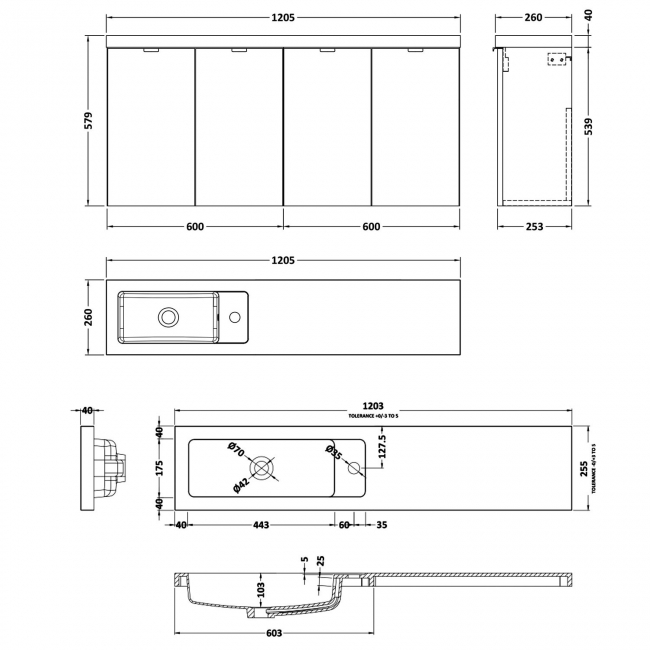 Hudson Reed Fusion Wall Hung 4-Door Vanity Unit with Compact Basin 1200mm Wide - Gloss Grey