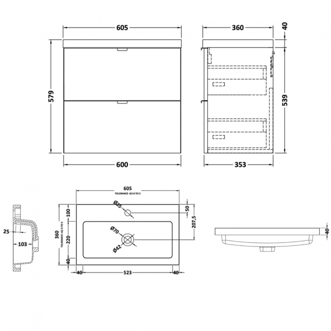 Hudson Reed Fusion Wall Hung 2-Drawer Vanity Unit with Basin 600mm Wide - Gloss White